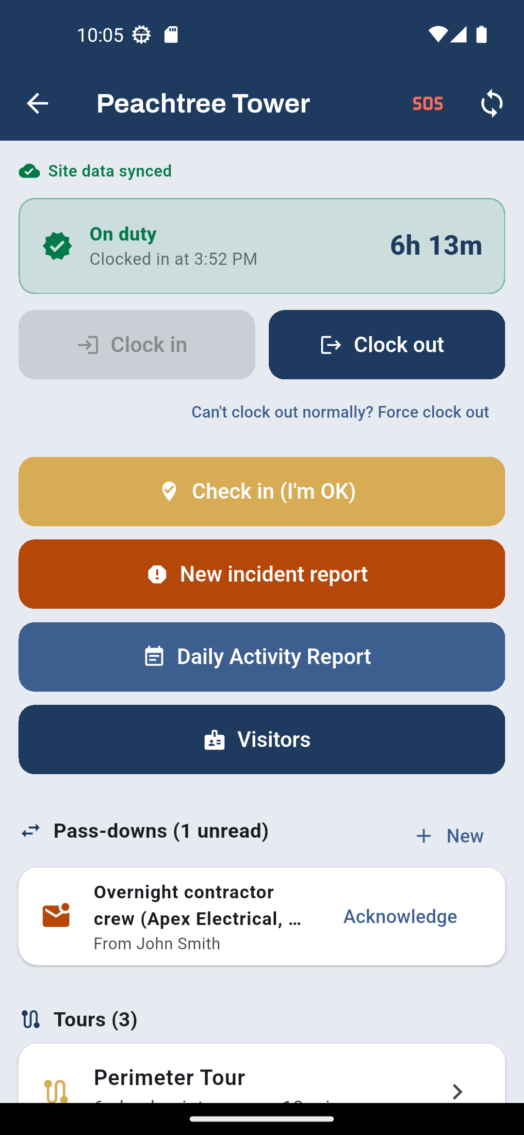Watchbill Field app site screen: on duty for 6 hours, clock out, Check in (I'm OK), reports, visitors, pass-downs