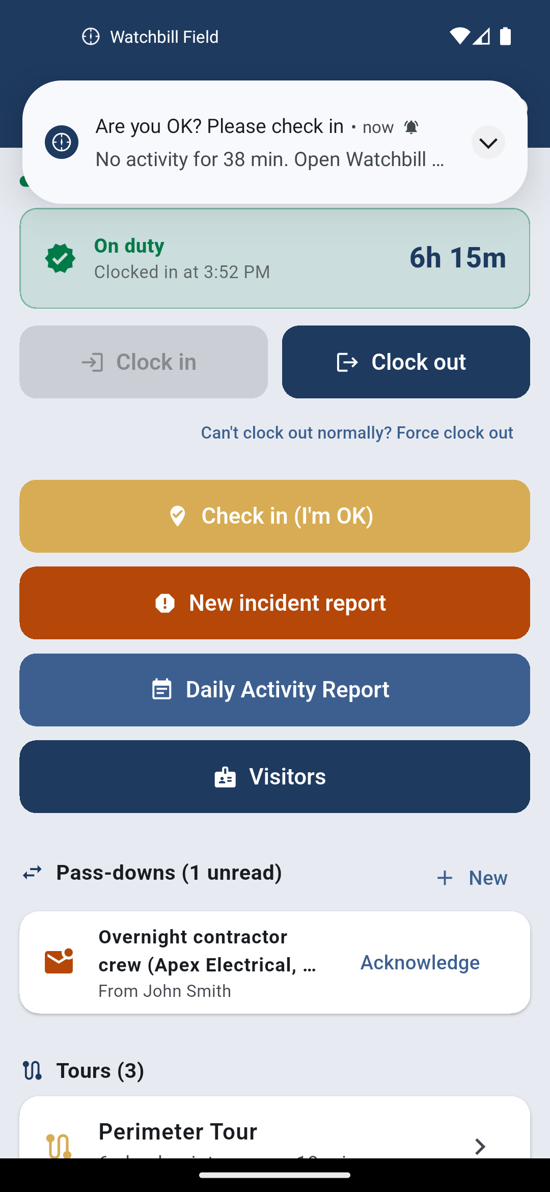 Welfare check-in prompt on the Watchbill Field app
