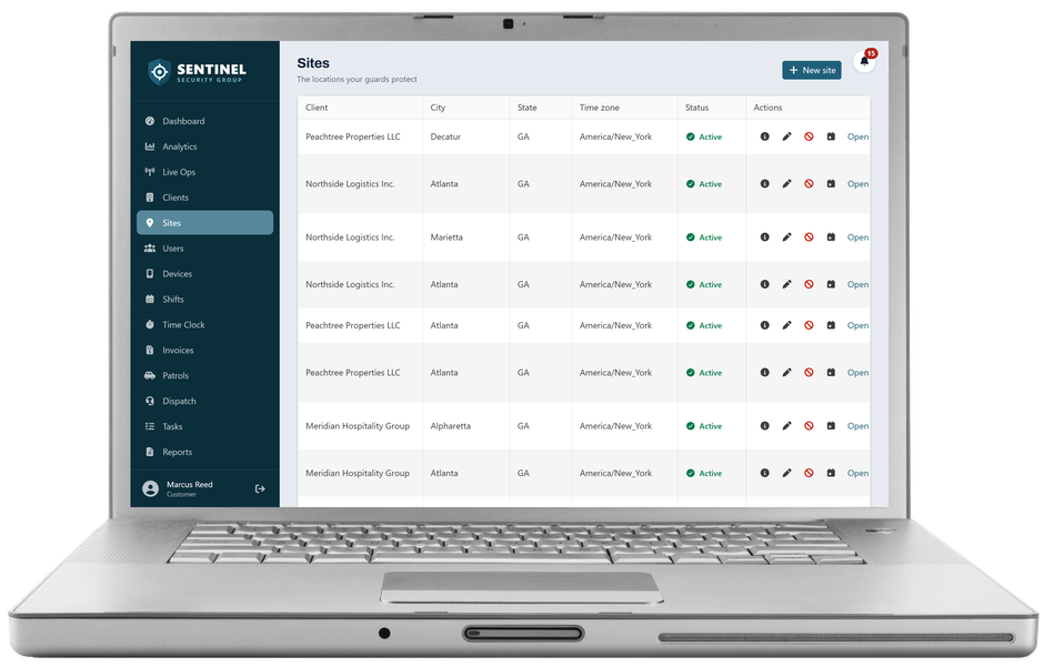The Watchbill web app themed in a security company's colors with its logo in the menu