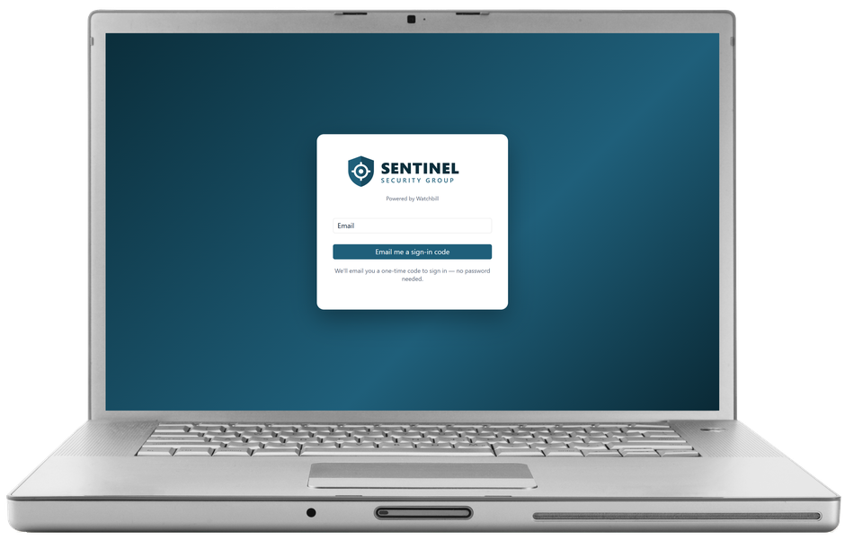 A security company's branded Watchbill sign-in page at its own subdomain